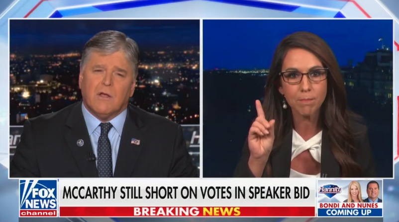 Hannity hectors Lauren Boebert over McCarthy … 

https://www.mediaite.com/tv/hannity-throws-down-wit...