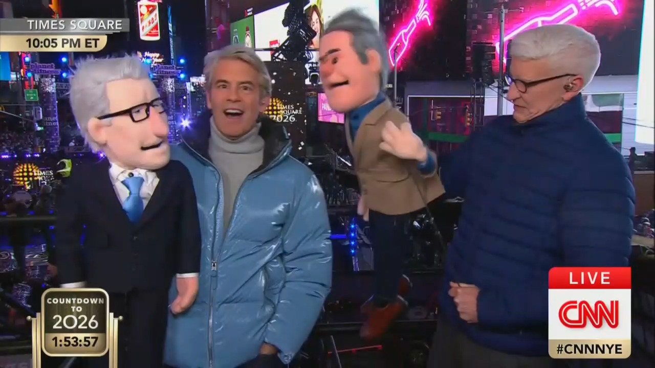 CNN hosts Anderson Cooper and Andy Cohen struggled to operate large puppets of themselves on Wednesday as they became increasingly inebriated.