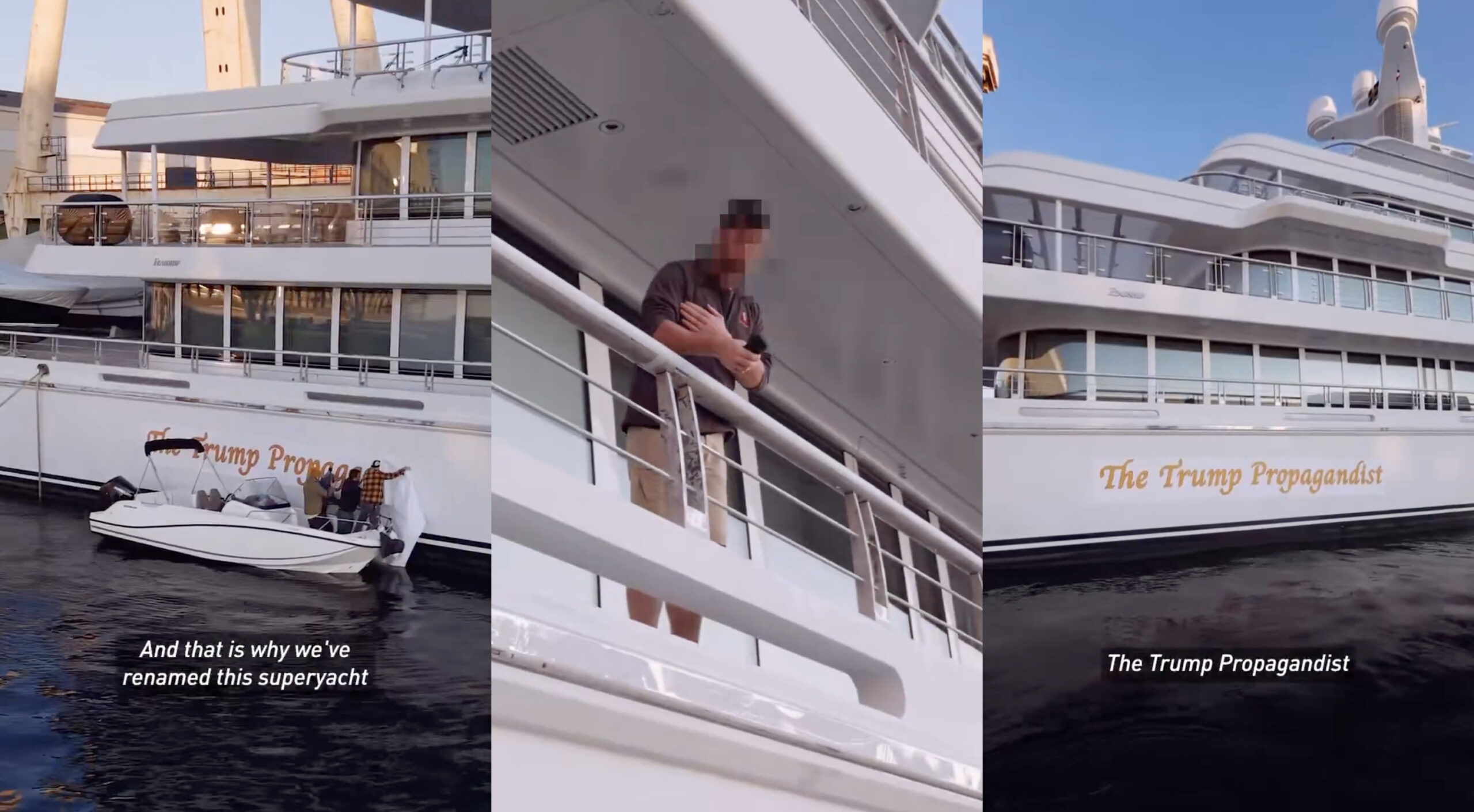 Protesters Adorn Larry Ellison's Superyacht With Trump Propagandist' Banner