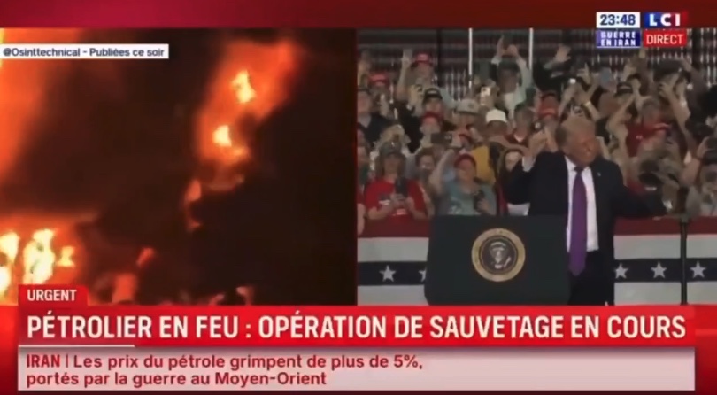 French News Station Airs Incredible Split Screen of Oil Tanker on Fire as Trump Dances to Y.M.C.A.