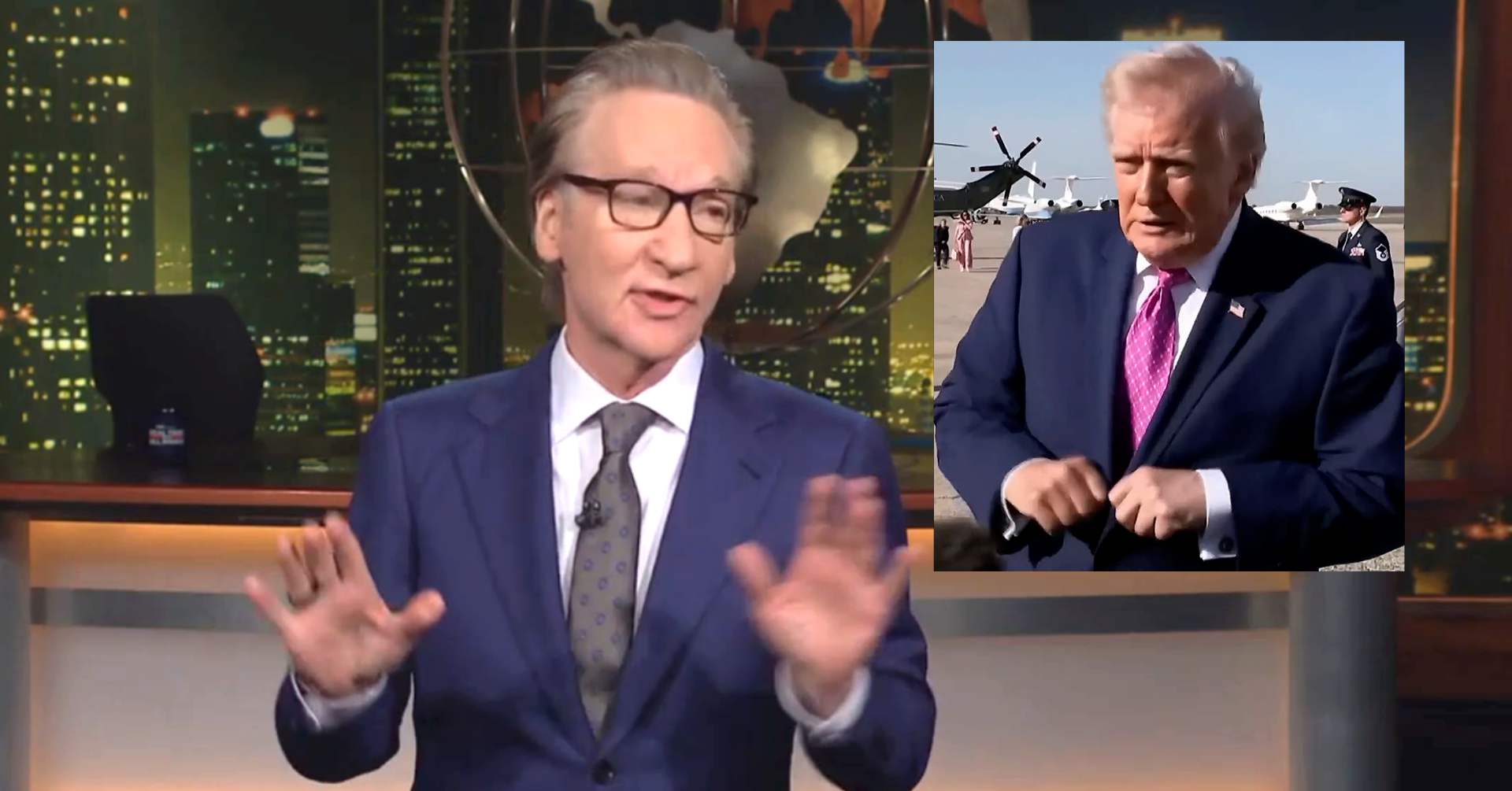 Bill Maher called out Trump's ceasefire deal as a way to "save face" after his civilization-killing threat, but that we "have to pretend" the Strait is open.