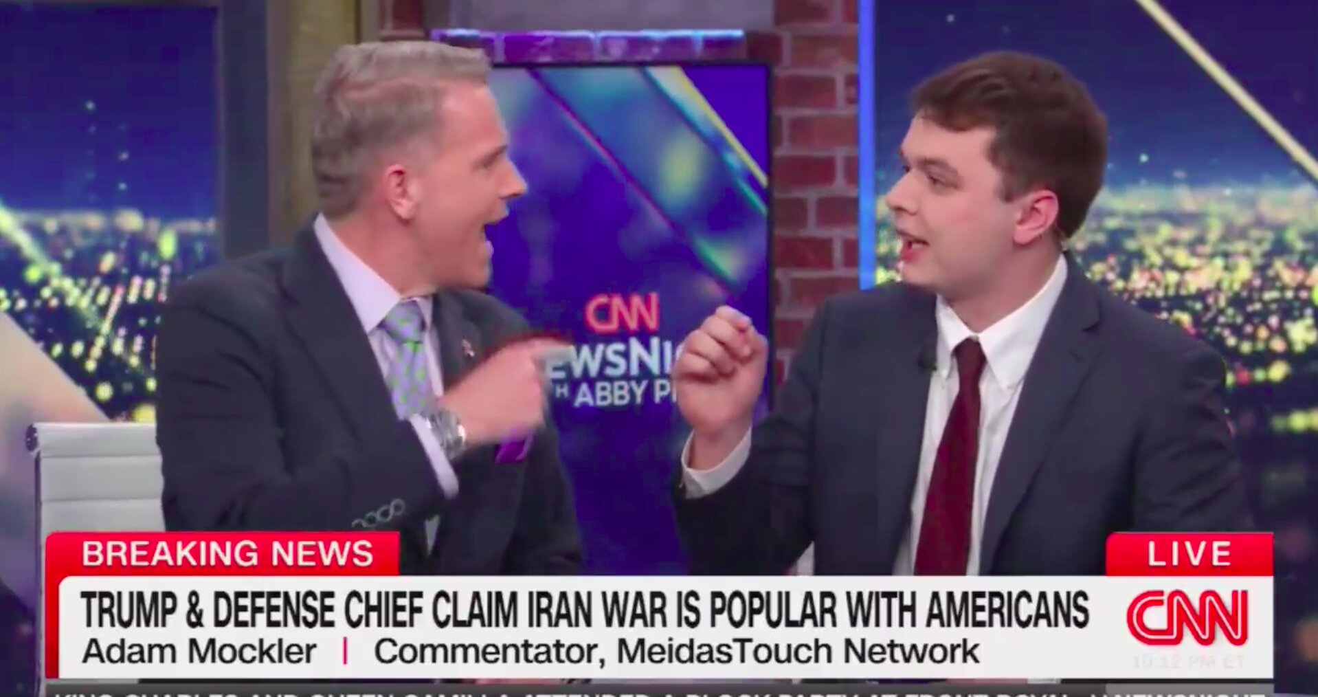 CNN's Scott Jennings exploded on MeidasTouch commentator Adam Mockler on Thursday, telling him to get his "f*cking hand out of my face."