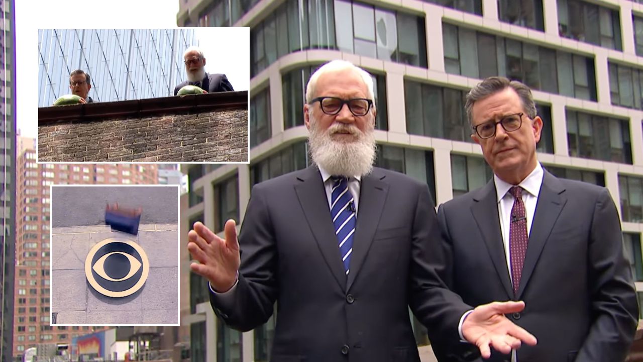 Letterman and Colbert Smash Giant CBS Logo in Studio Rooftop Revenge Stunt