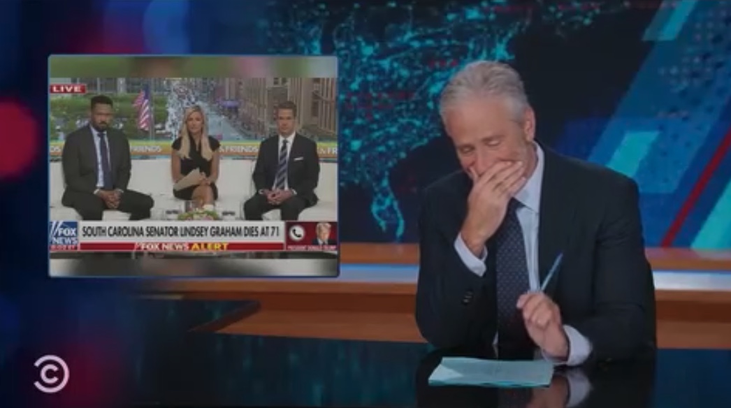 Jon Stewart Cracks Up as Fox News Host Fails to Redirect Trump During Wild Rant